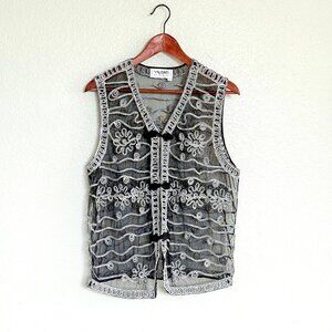 VTG 80s Sheer Boho Black & Silver Mesh Metallic Embroidered Vest Size XL Valenti